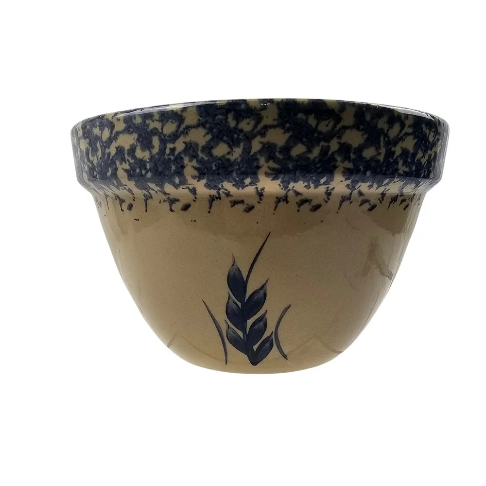 Vintage RRP Stoneware Mixing Bowl Tan Blue Spongeware Wheat Motif 9 Inch Round